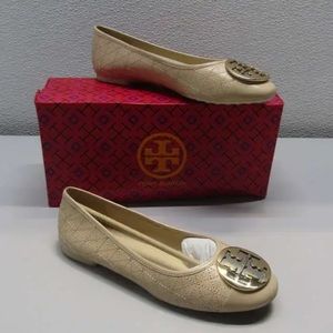 Tory Burch Womens US6 Flat Claire Quilted Ballet Nappa Leather Cream